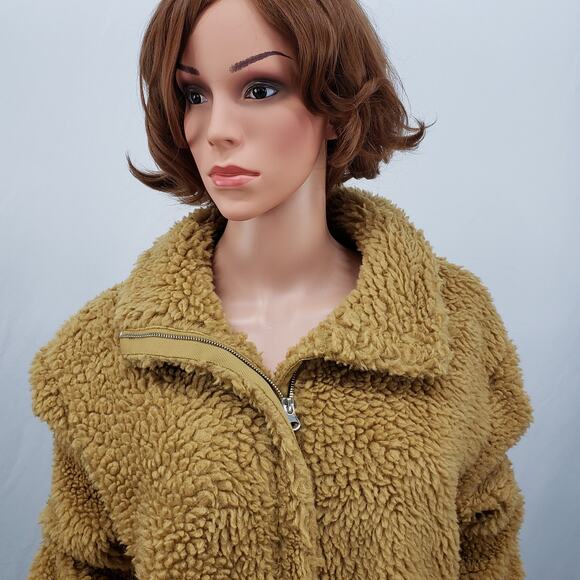 PacSun Teddy Jacket Faux Fur Sherpa Fleece Full zip up Lined Oversized Tan M L - Picture 8 of 10